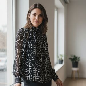 H&M Polyester Crepe High Neck L/S Sheer Blouse Pearl Necklace Print Blk S